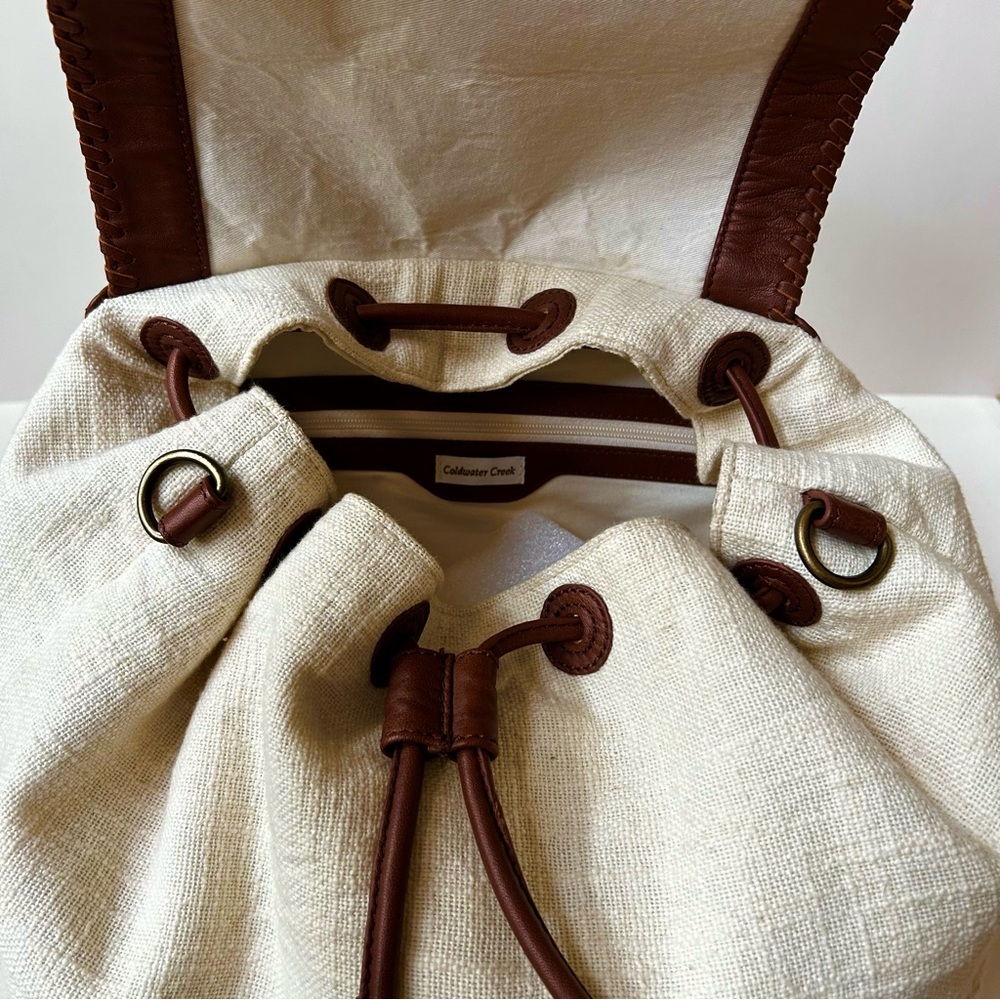 Coldwater Creek Brown Leather and Cream Cotton Backpack/Crossbody Bag - Picture 7 of 9